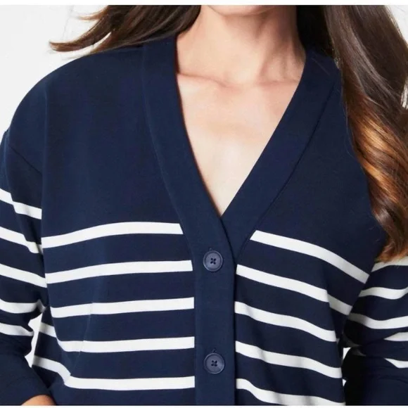NEW W Tags SPANX air essentials cardigan in mid navy porcelain stripe Sz S - Picture 4 of 7